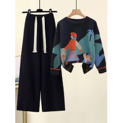 2025年新款針織毛衣女秋季寬松顯瘦設計感遮肉百搭直筒濶腿褲套裝