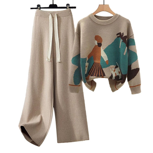 2025年新款針織毛衣女秋季寬松顯瘦設計感遮肉百搭直筒濶腿褲套裝 2025年新款針織毛衣女秋季寬松顯瘦設計感遮肉百搭直筒濶腿褲套裝