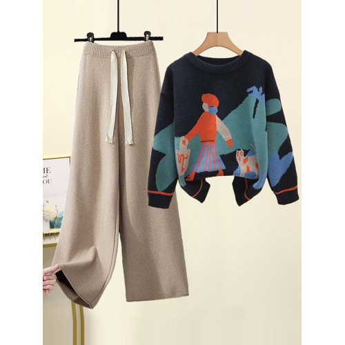 2025年新款針織毛衣女秋季寬松顯瘦設計感遮肉百搭直筒濶腿褲套裝 2025年新款針織毛衣女秋季寬松顯瘦設計感遮肉百搭直筒濶腿褲套裝