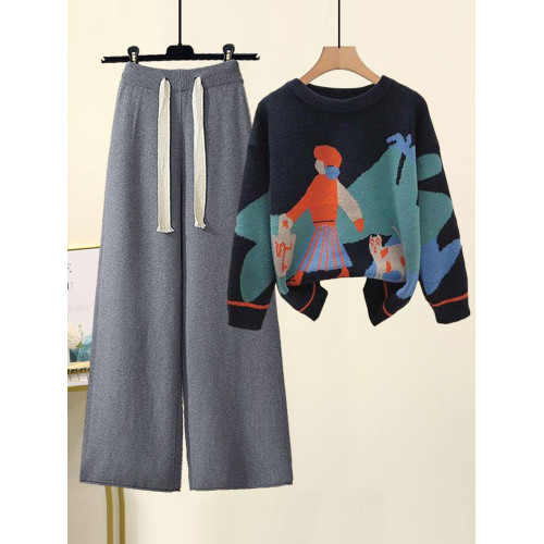 2025年新款針織毛衣女秋季寬松顯瘦設計感遮肉百搭直筒濶腿褲套裝 2025年新款針織毛衣女秋季寬松顯瘦設計感遮肉百搭直筒濶腿褲套裝