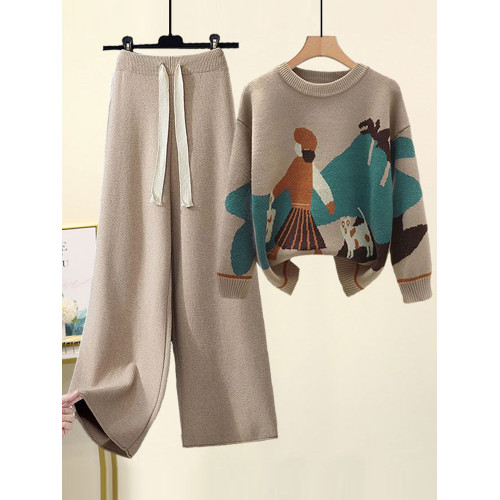 2025年新款針織毛衣女秋季寬松顯瘦設計感遮肉百搭直筒濶腿褲套裝 2025年新款針織毛衣女秋季寬松顯瘦設計感遮肉百搭直筒濶腿褲套裝