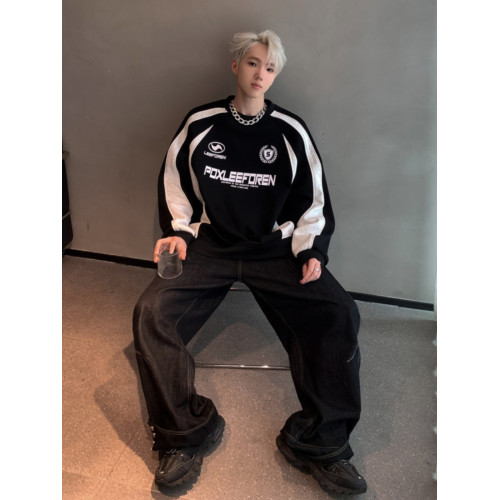 美式復古冰球服衛衣男春秋季黑白撞色拼接插肩袖500g重磅圓領外套 美式復古冰球服衛衣男春秋季黑白撞色拼接插肩袖500g重磅圓領外套