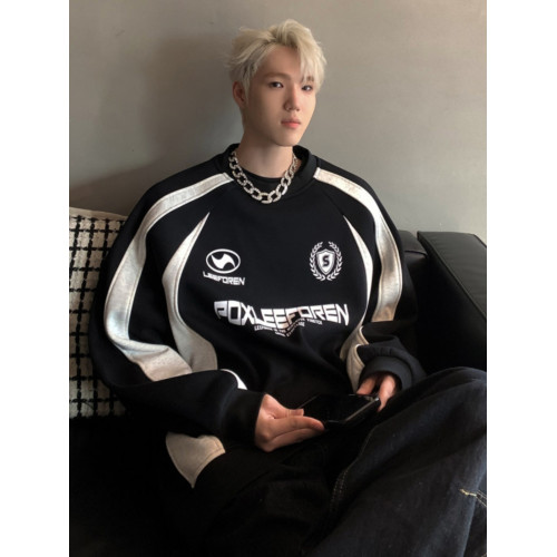 美式復古冰球服衛衣男春秋季黑白撞色拼接插肩袖500g重磅圓領外套 美式復古冰球服衛衣男春秋季黑白撞色拼接插肩袖500g重磅圓領外套