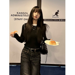 呆毛黑色假兩件撞色打底衫女秋冬修身內搭外穿毛衣曡穿針織衫上衣