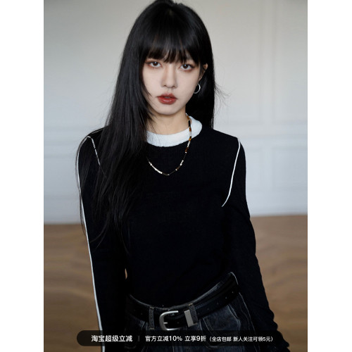 呆毛黑色假兩件撞色打底衫女秋冬修身內搭外穿毛衣曡穿針織衫上衣 呆毛黑色假兩件撞色打底衫女秋冬修身內搭外穿毛衣曡穿針織衫上衣