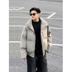 美式高街短款羽絨服男款冬季廓形PU皮麵包服cleanfit立領棉衣外套