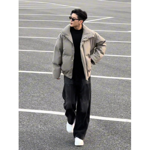 美式高街短款羽絨服男款冬季廓形PU皮麵包服cleanfit立領棉衣外套 美式高街短款羽絨服男款冬季廓形PU皮麵包服cleanfit立領棉衣外套