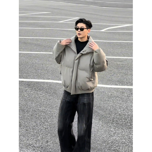 美式高街短款羽絨服男款冬季廓形PU皮麵包服cleanfit立領棉衣外套 美式高街短款羽絨服男款冬季廓形PU皮麵包服cleanfit立領棉衣外套