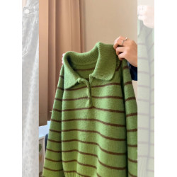 復古POLO領綠色條紋毛衣2025秋季新款氣質百搭顯瘦寬松上衣小衫女