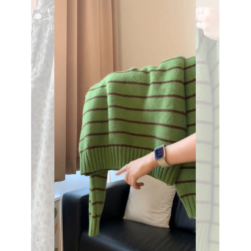 復古POLO領綠色條紋毛衣2025秋季新款氣質百搭顯瘦寬松上衣小衫女 復古POLO領綠色條紋毛衣2025秋季新款氣質百搭顯瘦寬松上衣小衫女