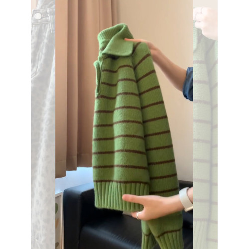 復古POLO領綠色條紋毛衣2025秋季新款氣質百搭顯瘦寬松上衣小衫女 復古POLO領綠色條紋毛衣2025秋季新款氣質百搭顯瘦寬松上衣小衫女