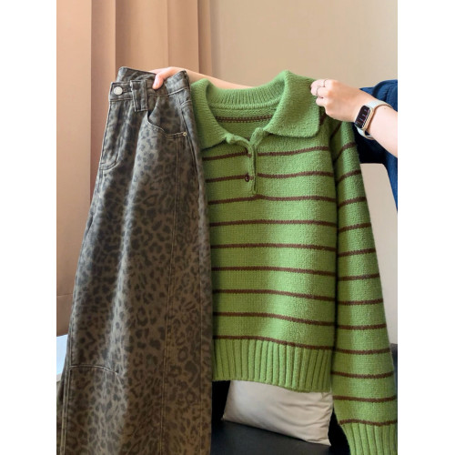 復古POLO領綠色條紋毛衣2025秋季新款氣質百搭顯瘦寬松上衣小衫女 復古POLO領綠色條紋毛衣2025秋季新款氣質百搭顯瘦寬松上衣小衫女