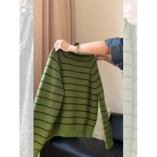 復古POLO領綠色條紋毛衣2025秋季新款氣質百搭顯瘦寬松上衣小衫女 復古POLO領綠色條紋毛衣2025秋季新款氣質百搭顯瘦寬松上衣小衫女