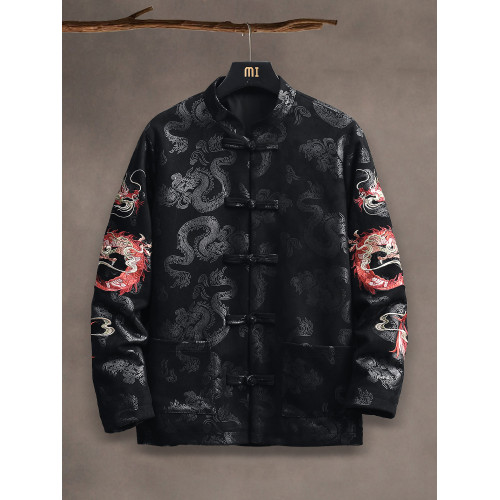 新中式秋冬麂皮絨刺綉龍圖案唐裝男外套風盤釦圓領中山裝夾克 新中式秋冬麂皮絨刺綉龍圖案唐裝男外套風盤釦圓領中山裝夾克