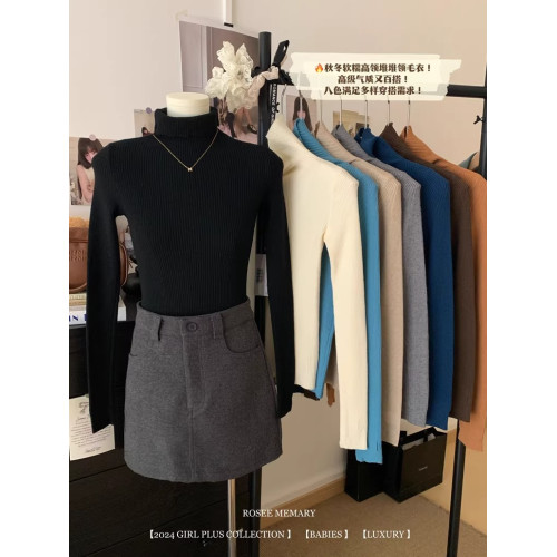 kumikumi新款純色堆堆領套頭針織毛衣女冬季百搭修身顯瘦內搭上衣