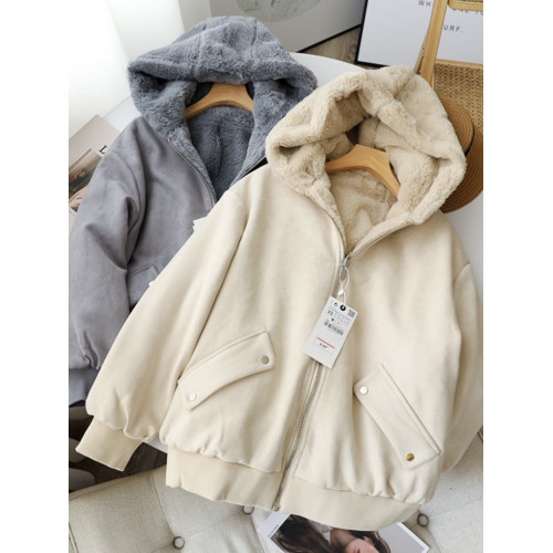 炒保暖 西班牙單~雙面可穿加厚加絨寬松連帽毛絨拉鍊長袖外套女 炒保暖 西班牙單~雙面可穿加厚加絨寬松連帽毛絨拉鍊長袖外套女