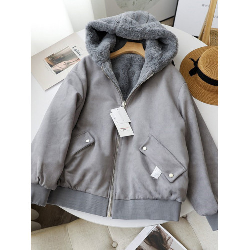 炒保暖 西班牙單~雙面可穿加厚加絨寬松連帽毛絨拉鍊長袖外套女 炒保暖 西班牙單~雙面可穿加厚加絨寬松連帽毛絨拉鍊長袖外套女