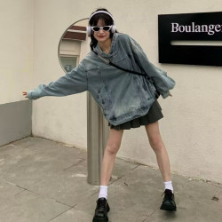 ins明星同款情侶高街復古水洗磨白牛仔套頭連帽衛衣甜酷上衣學生