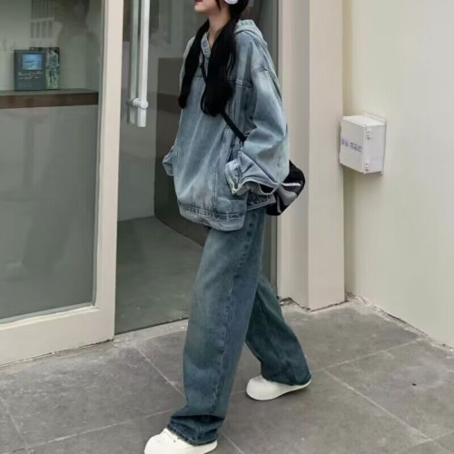 ins明星同款情侶高街復古水洗磨白牛仔套頭連帽衛衣甜酷上衣學生 ins明星同款情侶高街復古水洗磨白牛仔套頭連帽衛衣甜酷上衣學生