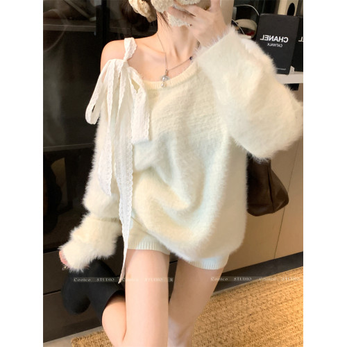 PPHOME軟糯蝴蝶露肩毛衣女秋冬設計感綁帶寬松慵懶氣質上衣針織衫 PPHOME軟糯蝴蝶露肩毛衣女秋冬設計感綁帶寬松慵懶氣質上衣針織衫