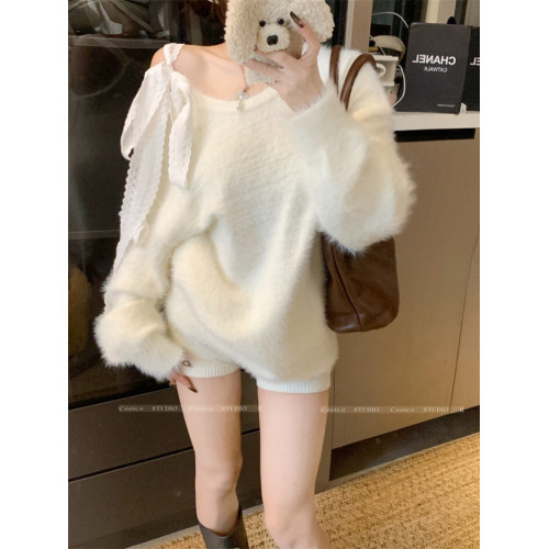 PPHOME軟糯蝴蝶露肩毛衣女秋冬設計感綁帶寬松慵懶氣質上衣針織衫 PPHOME軟糯蝴蝶露肩毛衣女秋冬設計感綁帶寬松慵懶氣質上衣針織衫