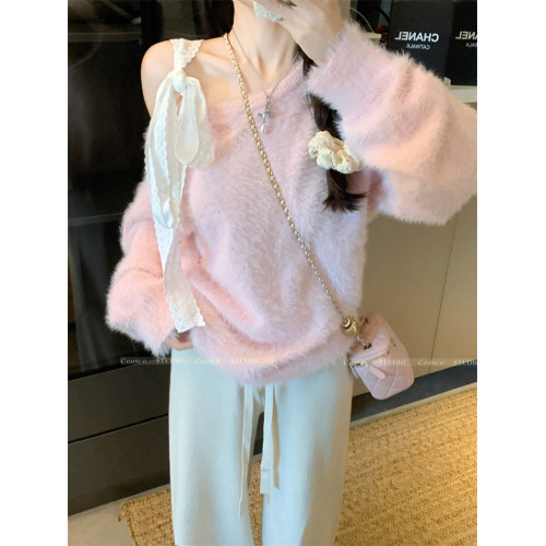 PPHOME軟糯蝴蝶露肩毛衣女秋冬設計感綁帶寬松慵懶氣質上衣針織衫 PPHOME軟糯蝴蝶露肩毛衣女秋冬設計感綁帶寬松慵懶氣質上衣針織衫