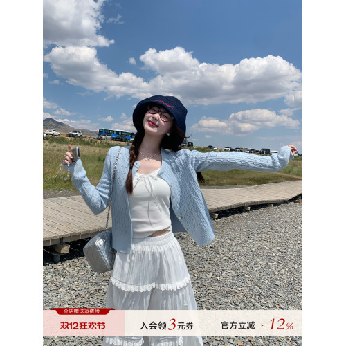 蘇三三藍色麻花毛衣開衫外套女春秋2025早秋新款韓系穿搭針織上衣 蘇三三藍色麻花毛衣開衫外套女春秋2025早秋新款韓系穿搭針織上衣