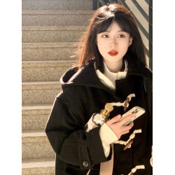 黑色牛角釦大衣女秋冬季2025年新款毛呢外套加厚小個子呢子高級感