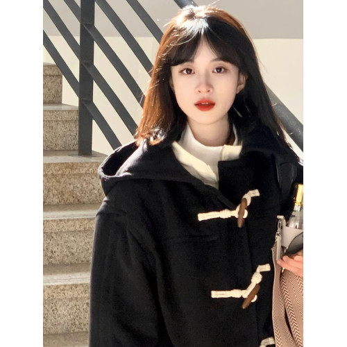 黑色牛角釦大衣女秋冬季2025年新款毛呢外套加厚小個子呢子高級感 黑色牛角釦大衣女秋冬季2025年新款毛呢外套加厚小個子呢子高級感
