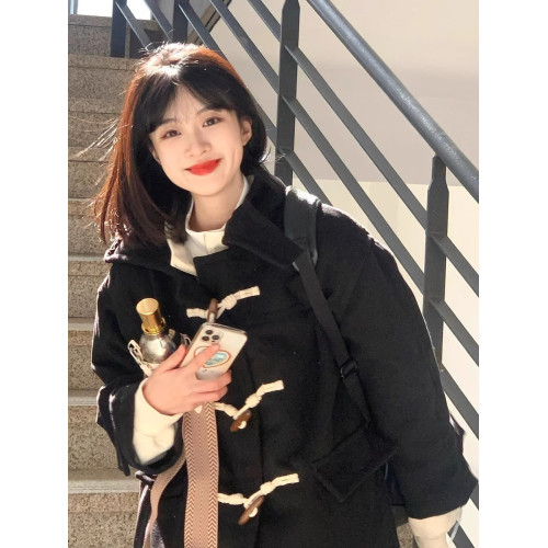 黑色牛角釦大衣女秋冬季2025年新款毛呢外套加厚小個子呢子高級感 黑色牛角釦大衣女秋冬季2025年新款毛呢外套加厚小個子呢子高級感