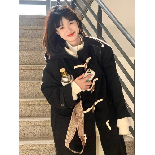 黑色牛角釦大衣女秋冬季2025年新款毛呢外套加厚小個子呢子高級感 黑色牛角釦大衣女秋冬季2025年新款毛呢外套加厚小個子呢子高級感