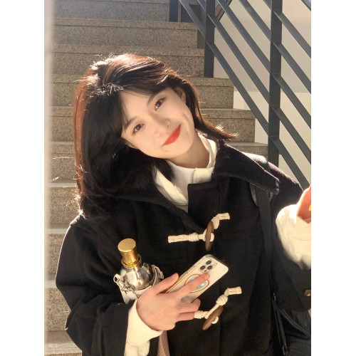 黑色牛角釦大衣女秋冬季2025年新款毛呢外套加厚小個子呢子高級感 黑色牛角釦大衣女秋冬季2025年新款毛呢外套加厚小個子呢子高級感