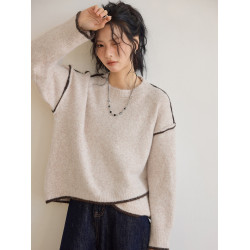 咖色圓領毛衣女冬季寬鬆加厚設計感小衆秋冬撞色不規則針織衫上衣