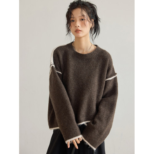 咖色圓領毛衣女冬季寬鬆加厚設計感小衆秋冬撞色不規則針織衫上衣
