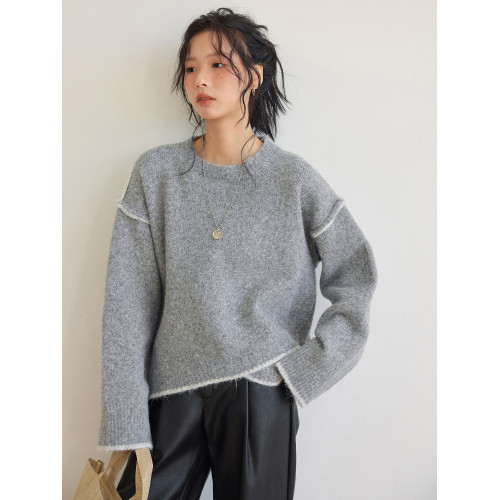 咖色圓領毛衣女冬季寬鬆加厚設計感小衆秋冬撞色不規則針織衫上衣