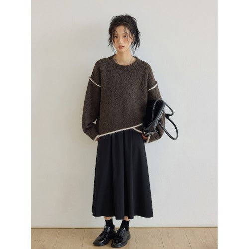 咖色圓領毛衣女冬季寬鬆加厚設計感小衆秋冬撞色不規則針織衫上衣