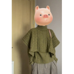 復古高級感綠色兩件套高領毛衣女秋冬設計感麻花披肩鬭篷針織衫厚