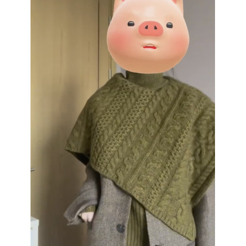 復古高級感綠色兩件套高領毛衣女秋冬設計感麻花披肩鬭篷針織衫厚