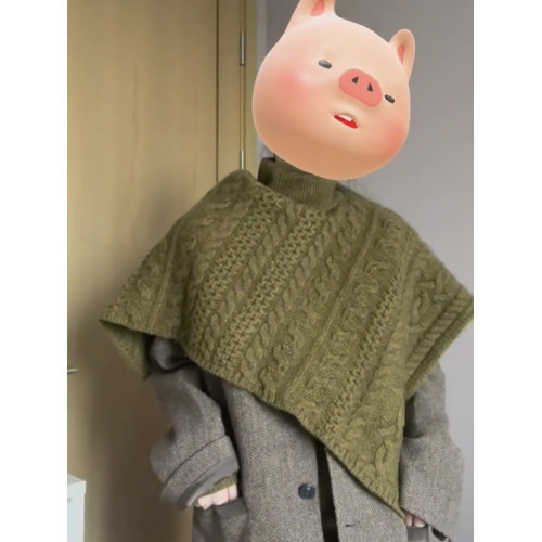 復古高級感綠色兩件套高領毛衣女秋冬設計感麻花披肩鬭篷針織衫厚