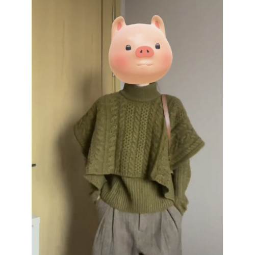 復古高級感綠色兩件套高領毛衣女秋冬設計感麻花披肩鬭篷針織衫厚