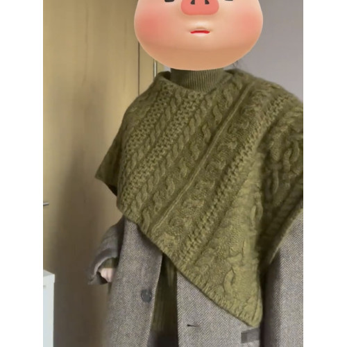 復古高級感綠色兩件套高領毛衣女秋冬設計感麻花披肩鬭篷針織衫厚