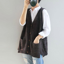 春秋寬松無袖毛衣馬褂大碼針織馬甲開衫背心中長款毛線坎肩外套女
