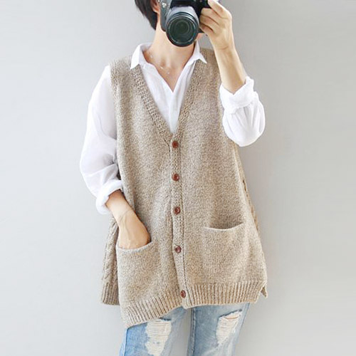 春秋寬松無袖毛衣馬褂大碼針織馬甲開衫背心中長款毛線坎肩外套女