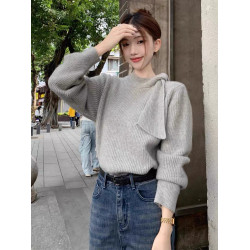 高級設計感韓系復古溫柔半高領綁帶灰色毛衣女秋冬新款針織衫上衣