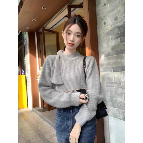 高級設計感韓系復古溫柔半高領綁帶灰色毛衣女秋冬新款針織衫上衣