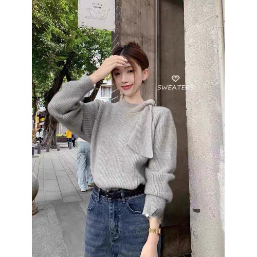 高級設計感韓系復古溫柔半高領綁帶灰色毛衣女秋冬新款針織衫上衣