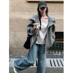 慵懶老錢風灰色連帽拉鍊毛衣外套女秋冬浣熊絨翻領針織衛衣開衫厚