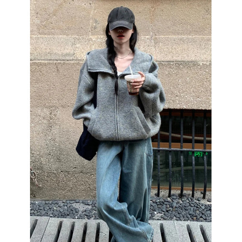 慵懶老錢風灰色連帽拉鍊毛衣外套女秋冬浣熊絨翻領針織衛衣開衫厚