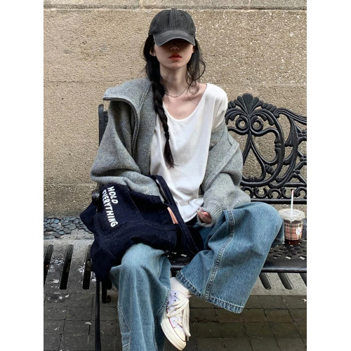 慵懶老錢風灰色連帽拉鍊毛衣外套女秋冬浣熊絨翻領針織衛衣開衫厚