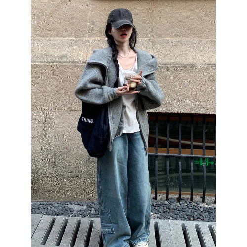 慵懶老錢風灰色連帽拉鍊毛衣外套女秋冬浣熊絨翻領針織衛衣開衫厚